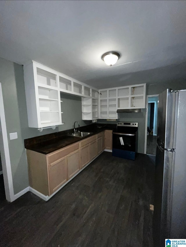 kitchen featuring stainless steel fridge, light brown cabinetry, sink, dark hardwood / wood-style floors, and black / electric stove