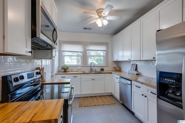 kitchen featuring butcher block counters, white cabinetry, sink, and stainless steel appliances