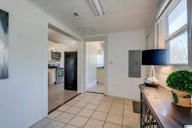 kitchen featuring electric panel, white cabinetry, light tile patterned floors, and appliances with stainless steel finishes