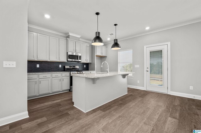 kitchen featuring dark hardwood / wood-style flooring, stainless steel appliances, light stone counters, and a center island with sink