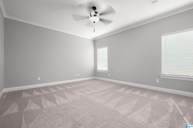 carpeted spare room featuring ceiling fan and ornamental molding