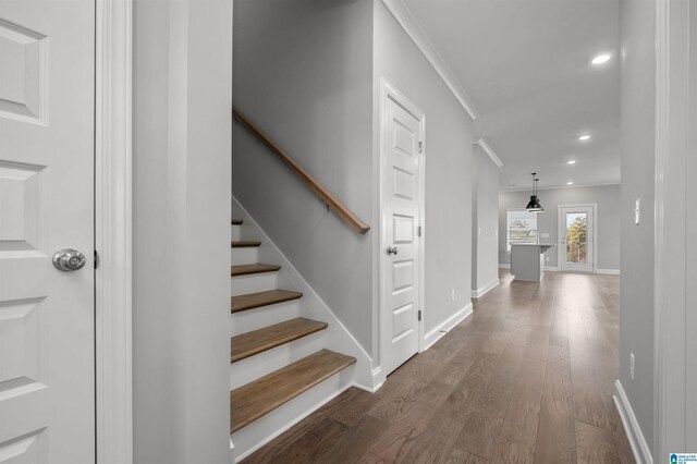 stairs featuring hardwood / wood-style flooring and ornamental molding