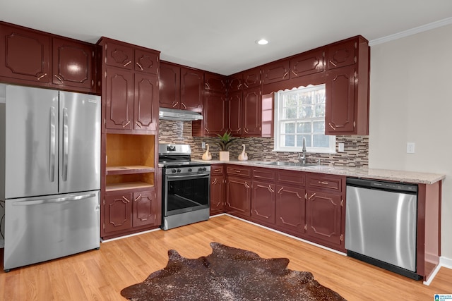 kitchen featuring tasteful backsplash, light wood-style floors, appliances with stainless steel finishes, under cabinet range hood, and a sink