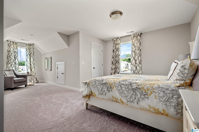 carpeted bedroom featuring visible vents, baseboards, and lofted ceiling