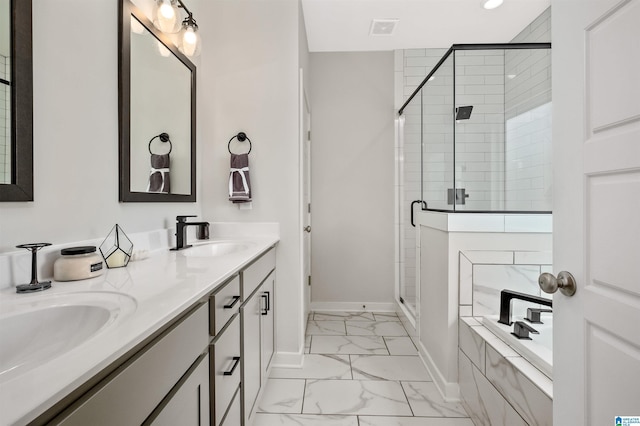 full bath with baseboards, a stall shower, visible vents, marble finish floor, and a sink