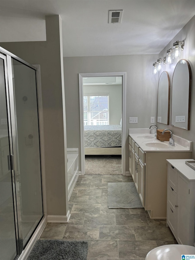 bathroom with vanity and plus walk in shower