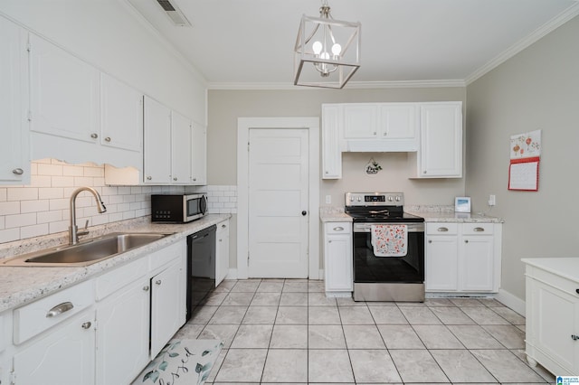 kitchen featuring ornamental molding, stainless steel appliances, sink, white cabinets, and hanging light fixtures