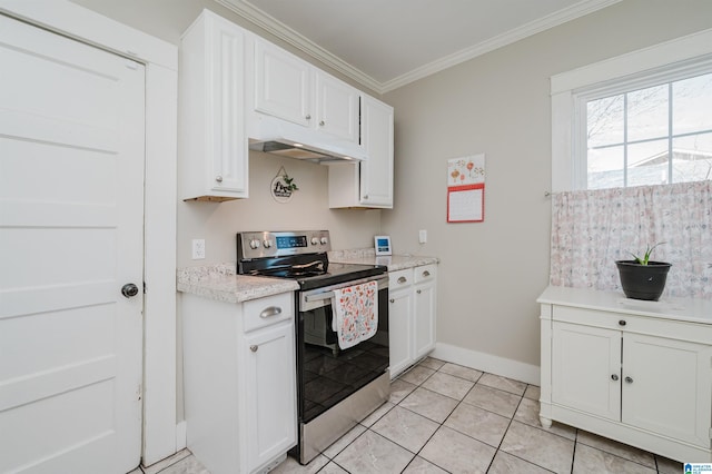 kitchen featuring light tile patterned floors, white cabinetry, stainless steel electric range oven, and ornamental molding