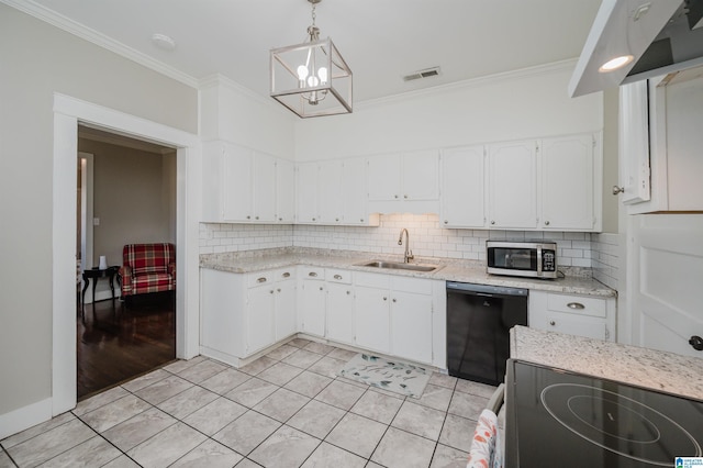 kitchen with crown molding, sink, decorative light fixtures, white cabinets, and black dishwasher