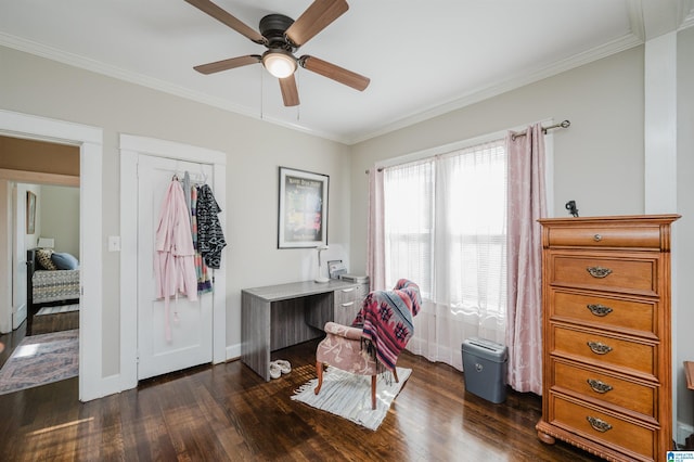 interior space featuring dark hardwood / wood-style floors, a closet, ornamental molding, and ceiling fan