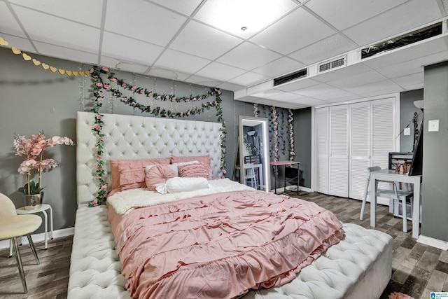 bedroom with a closet, dark hardwood / wood-style flooring, and a drop ceiling