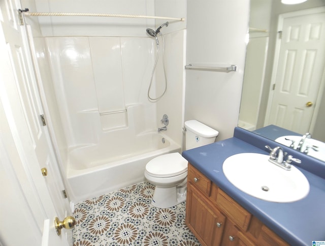 full bathroom featuring vanity, toilet, and washtub / shower combination