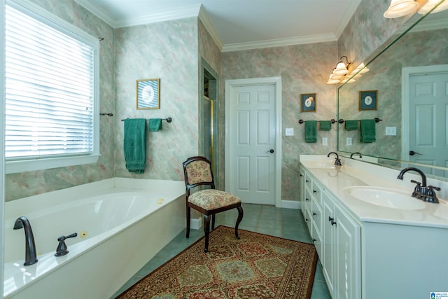 bathroom featuring crown molding, tile patterned flooring, vanity, and a healthy amount of sunlight