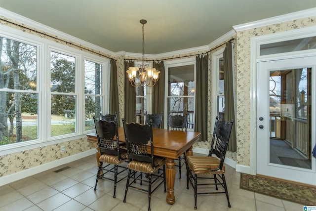 tiled dining space featuring crown molding and an inviting chandelier