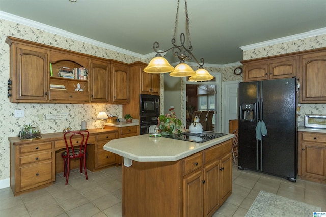 kitchen with light tile patterned flooring, black appliances, crown molding, hanging light fixtures, and a kitchen island