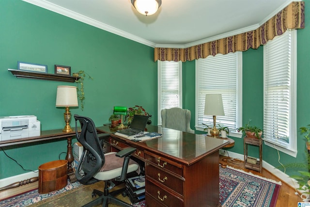 home office with crown molding and hardwood / wood-style floors