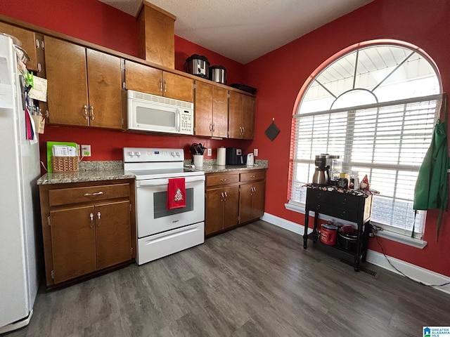 kitchen featuring dark wood-type flooring and white appliances