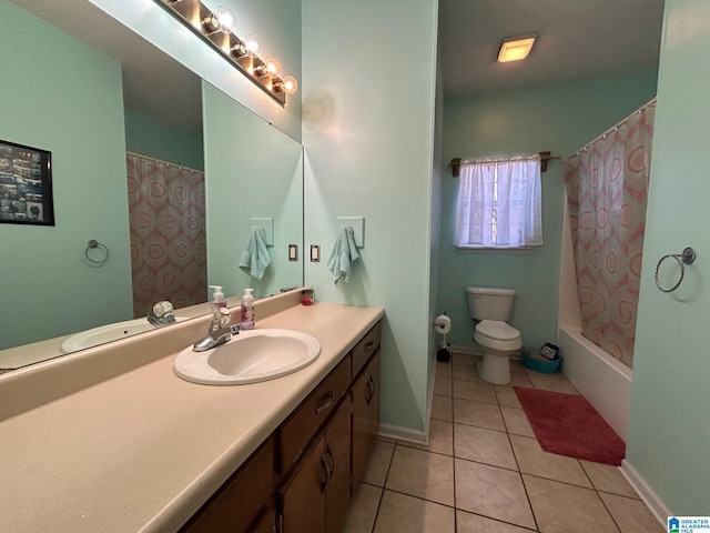 full bathroom with toilet, shower / tub combo, tile patterned flooring, and vanity