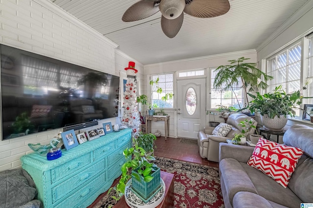 living room with brick wall