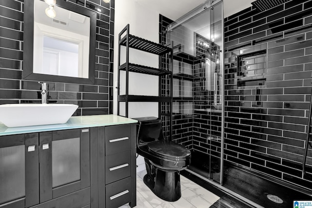 bathroom with vanity, toilet, walk in shower, and backsplash