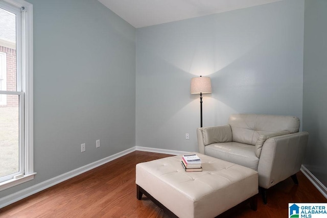 living area with wood-type flooring and a healthy amount of sunlight