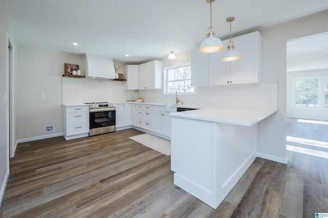 kitchen with pendant lighting, custom exhaust hood, white cabinets, electric range, and decorative backsplash