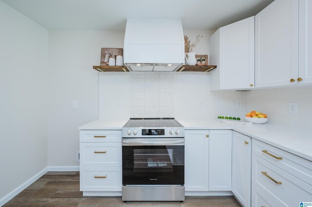 kitchen with white cabinets, dark hardwood / wood-style floors, extractor fan, and stainless steel electric range