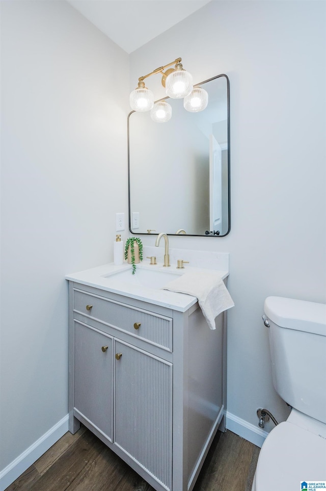 bathroom featuring vanity, wood-type flooring, and toilet