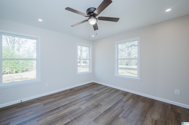 empty room featuring a wealth of natural light, ceiling fan, and dark hardwood / wood-style floors