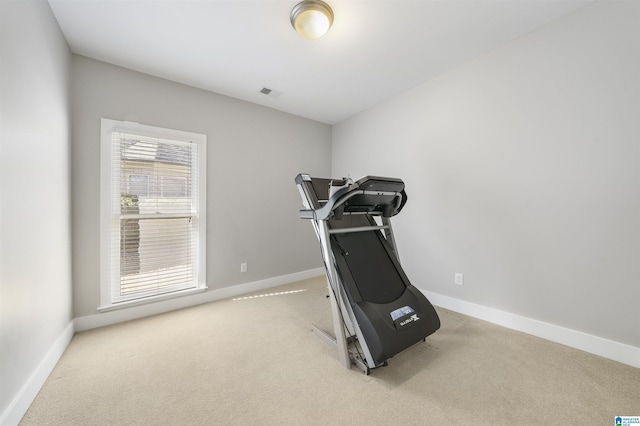 workout room featuring light colored carpet