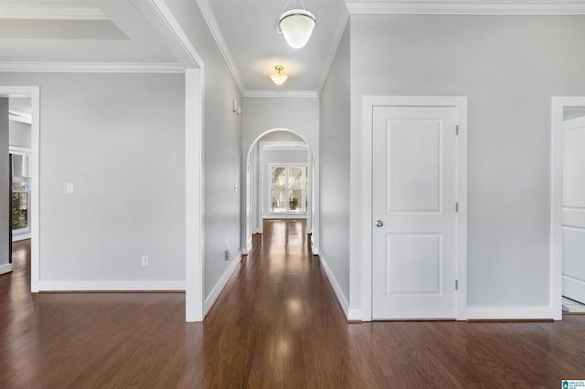 hallway featuring dark hardwood / wood-style floors and ornamental molding