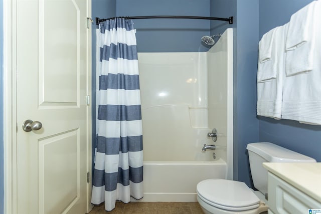 bathroom with toilet and shower / tub combo with curtain