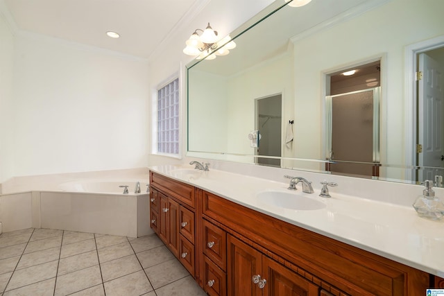 bathroom with tile patterned floors, plus walk in shower, vanity, and ornamental molding