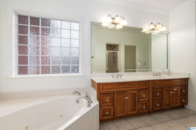 bathroom featuring tile patterned flooring, vanity, independent shower and bath, and crown molding