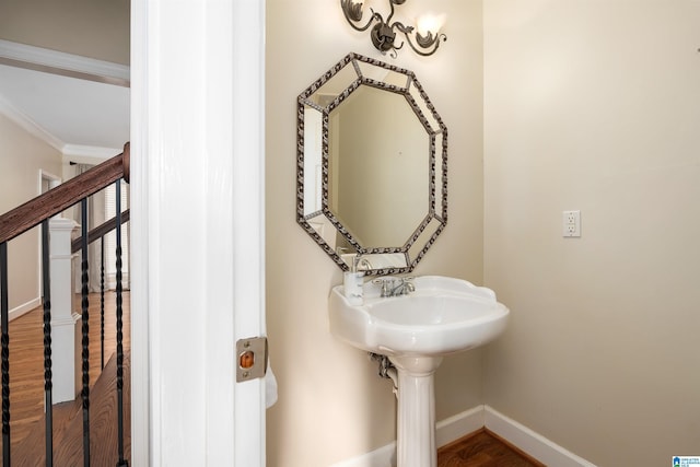 bathroom with hardwood / wood-style floors and ornamental molding