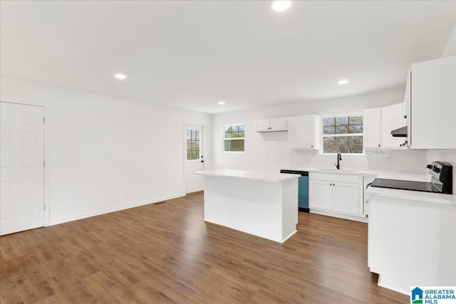 kitchen with stove, sink, dishwasher, white cabinets, and a center island