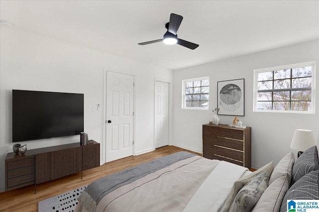 bedroom featuring wood-type flooring, ceiling fan, and multiple closets