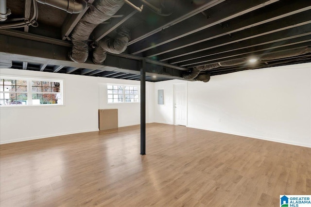 basement with electric panel and hardwood / wood-style flooring