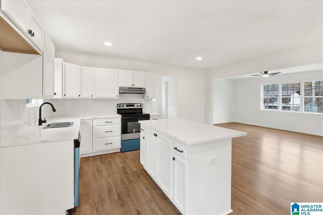 kitchen with white cabinetry, a kitchen island, stainless steel range with electric cooktop, and sink