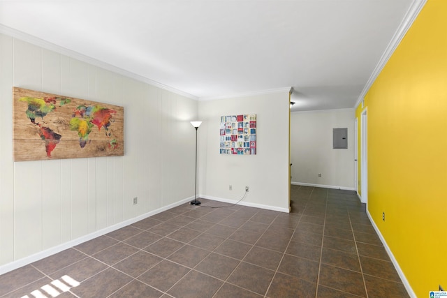 tiled empty room featuring crown molding and electric panel