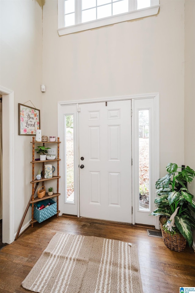 foyer featuring a towering ceiling and wood-type flooring