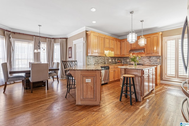 kitchen featuring pendant lighting, stainless steel dishwasher, and ornamental molding