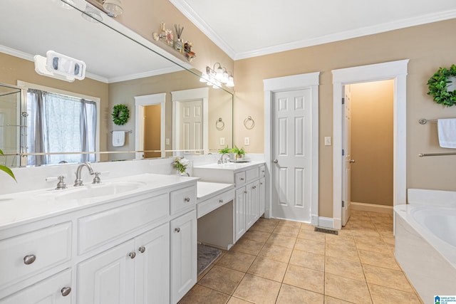 bathroom with tile patterned flooring, vanity, a relaxing tiled tub, and crown molding