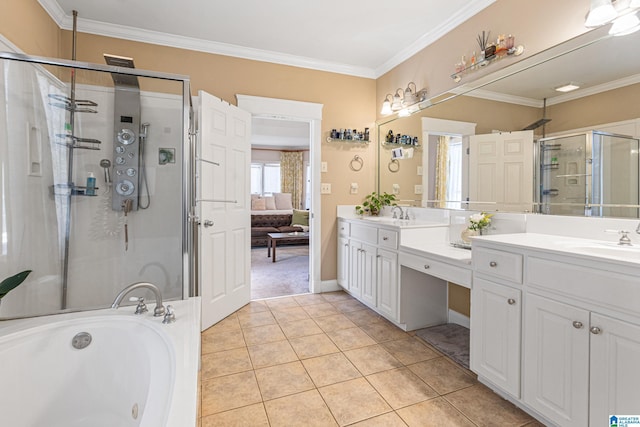 bathroom with tile patterned floors, vanity, crown molding, and independent shower and bath