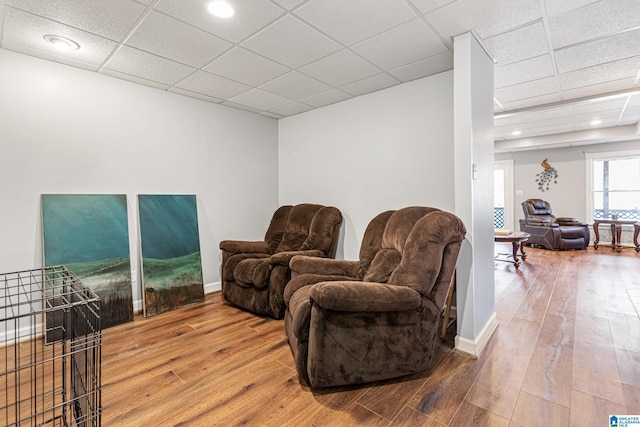 living area with hardwood / wood-style floors and a drop ceiling