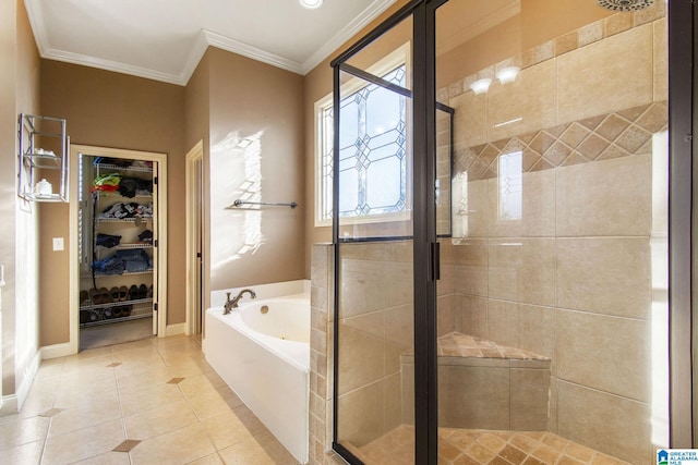 bathroom featuring crown molding, tile patterned flooring, and shower with separate bathtub