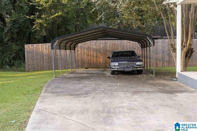 view of parking with a yard and a carport