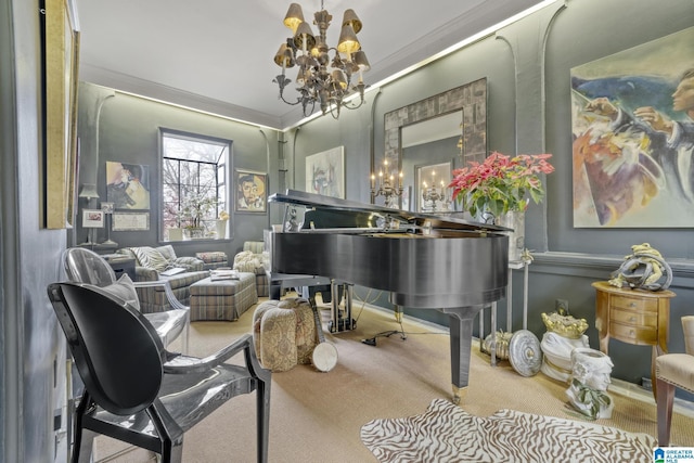 interior space featuring crown molding, carpet, and a notable chandelier