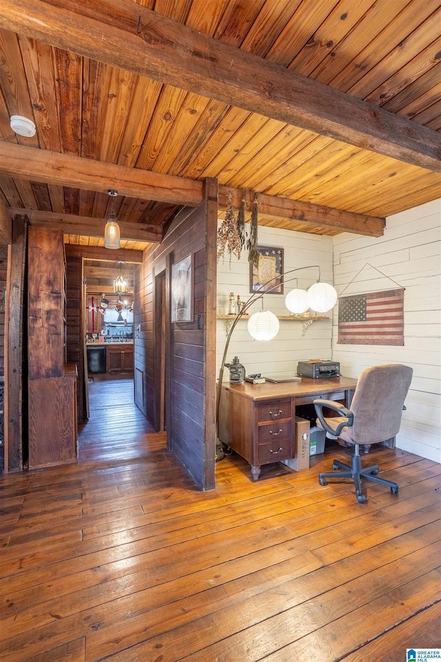 office area featuring wood walls, beam ceiling, and dark wood-type flooring