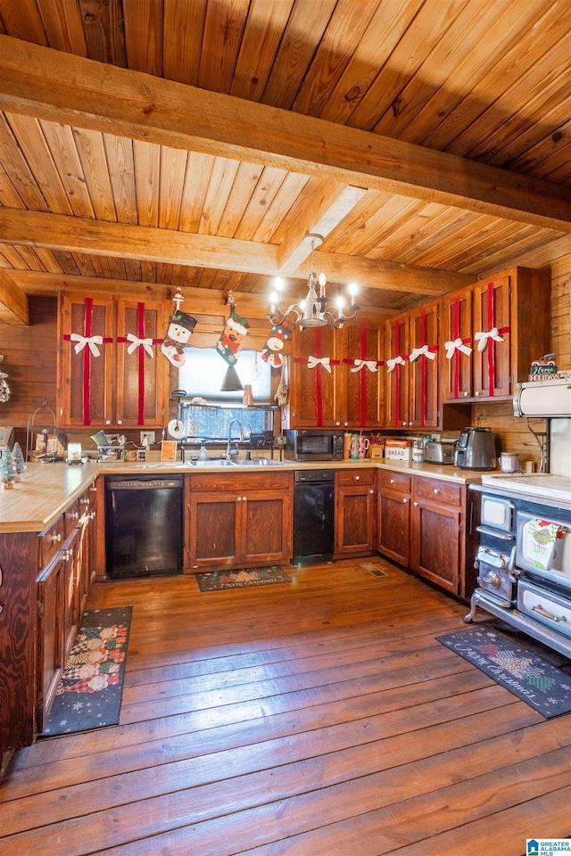 kitchen featuring sink, black dishwasher, beamed ceiling, a chandelier, and decorative light fixtures